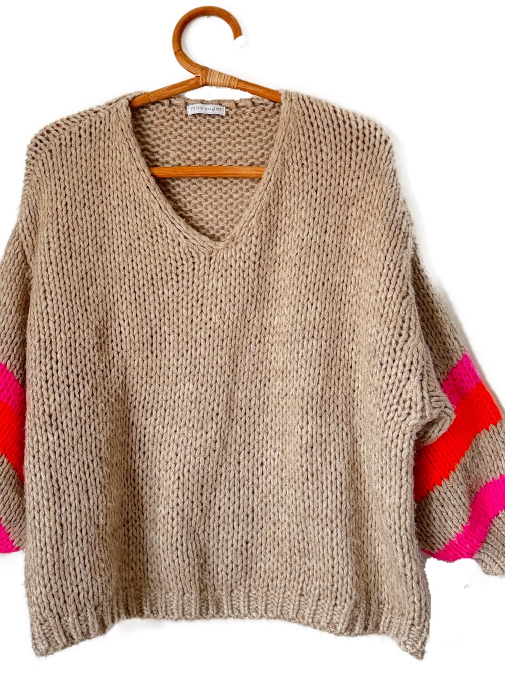 Miss Sugar Oversized Wool Chunky V-Neck Sweater Pink & Red Stripes OSFM $95